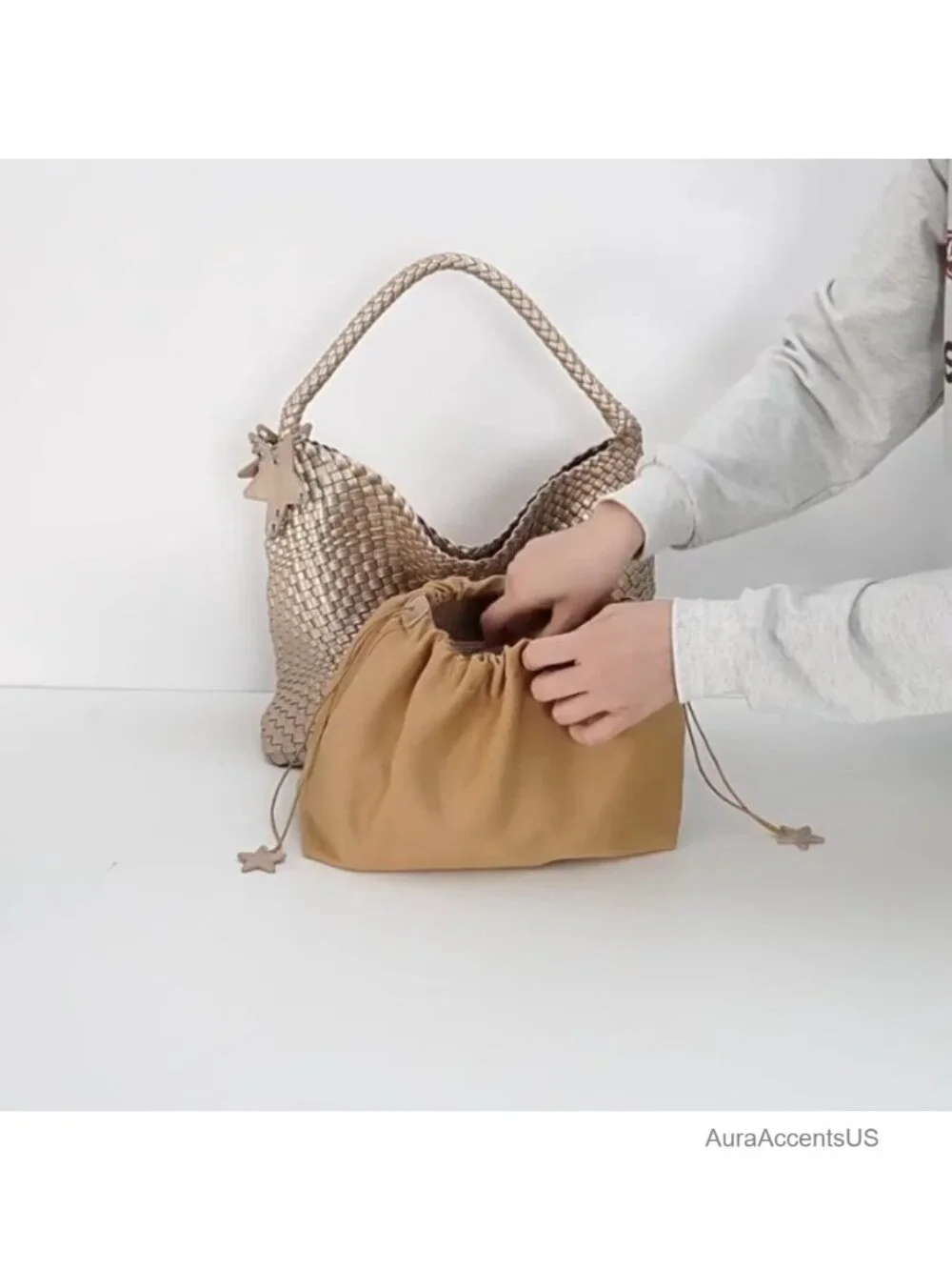 Woven Tote Bag with Clutch Set - Vegan Leather Shoulder Handbag, Magnetic